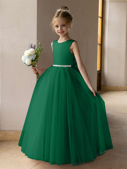 Robes de Fille de Fleur à Jupe Bouffante en Tulle avec Perles et Nœud en Satin