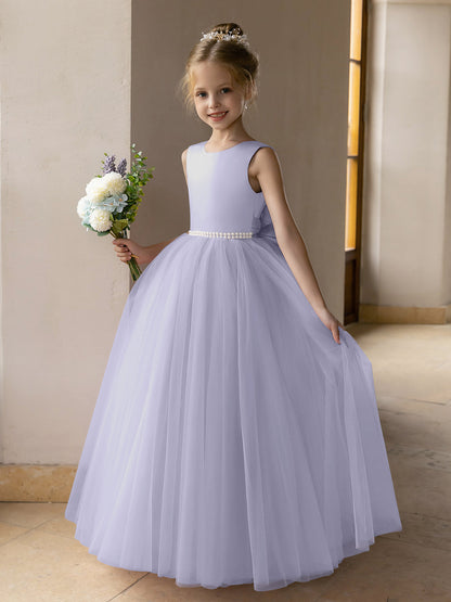 Robes de Fille de Fleur à Jupe Bouffante en Tulle avec Perles et Nœud en Satin