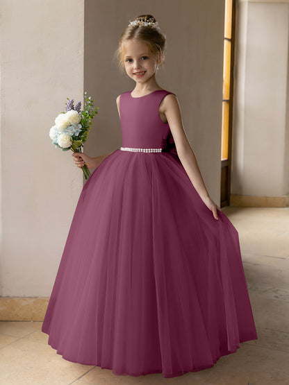 Robes de Fille de Fleur à Jupe Bouffante en Tulle avec Perles et Nœud en Satin