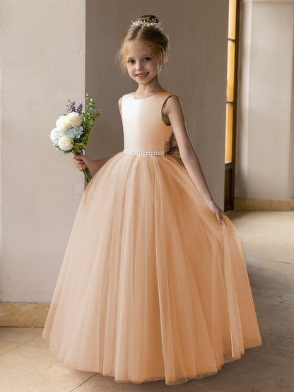 Robes de Fille de Fleur à Jupe Bouffante en Tulle avec Perles et Nœud en Satin