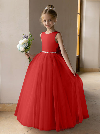 Robes de Fille de Fleur à Jupe Bouffante en Tulle avec Perles et Nœud en Satin