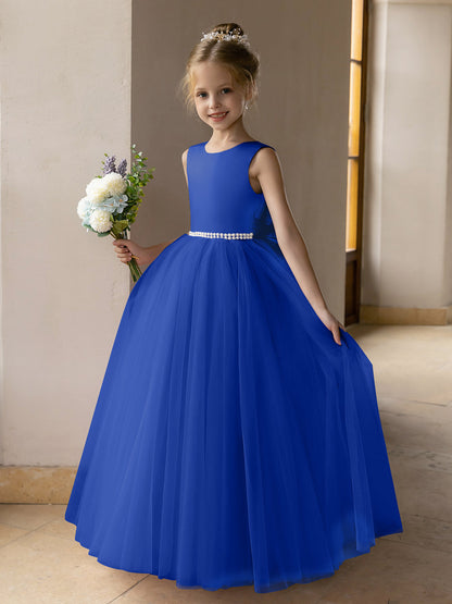 Robes de Fille de Fleur à Jupe Bouffante en Tulle avec Perles et Nœud en Satin
