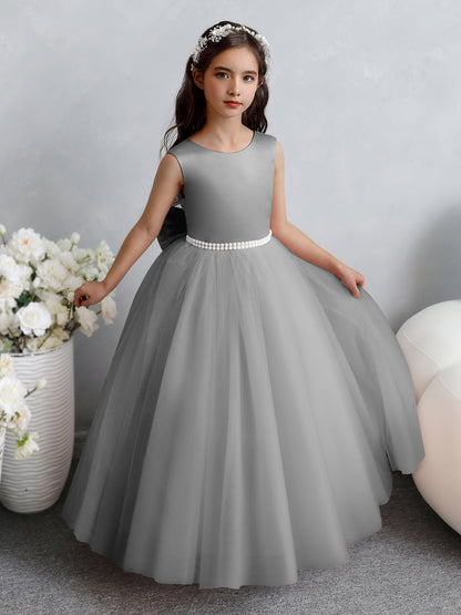 Robes de Fille de Fleur à Jupe Bouffante en Tulle avec Perles et Nœud en Satin