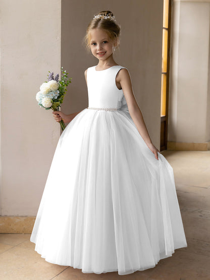 Robes de Fille de Fleur à Jupe Bouffante en Tulle avec Perles et Nœud en Satin