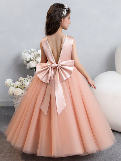 Robes de fille de fleur en tulle à col rond avec perles et nœud papillon en satin