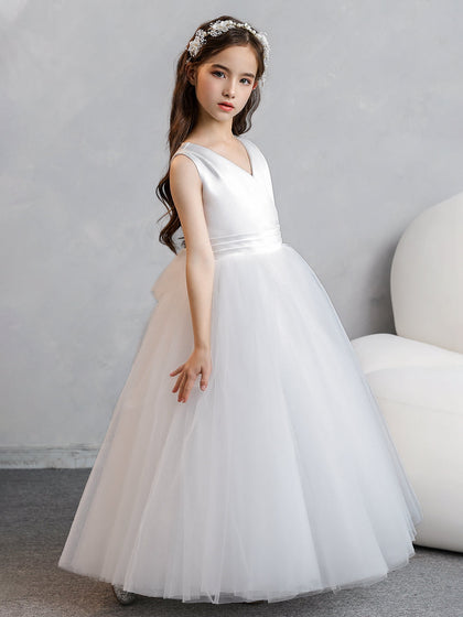 Robes de fille de fleur en tulle à col en V avec nœud en satin