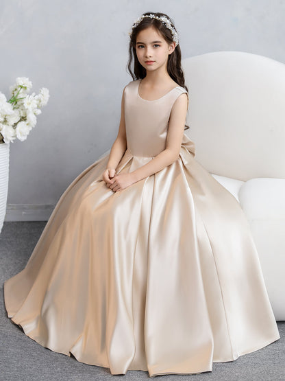 Robes de fille de fleur en satin à col rond avec nœud papillon