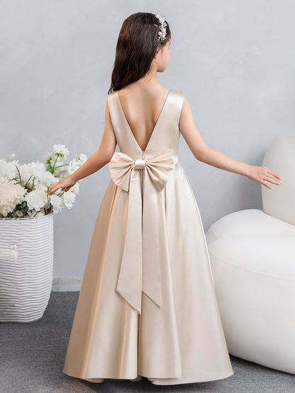 Robes de fille de fleur en satin à col rond avec nœud papillon