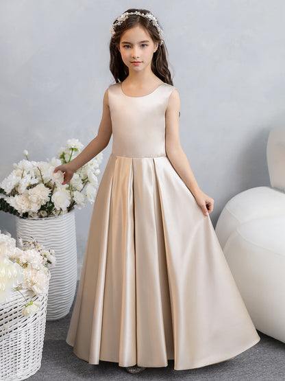 Robes de fille de fleur en satin à col rond avec nœud papillon
