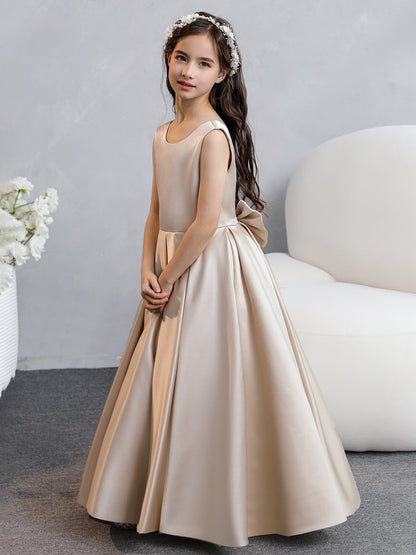 Robes de fille de fleur en satin à col rond avec nœud papillon