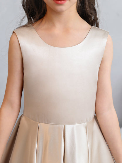 Robes de fille de fleur en satin à col rond avec nœud papillon