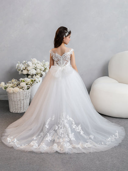 Robes de fille de fleur en tulle à col rond avec appliques et nœud papillon