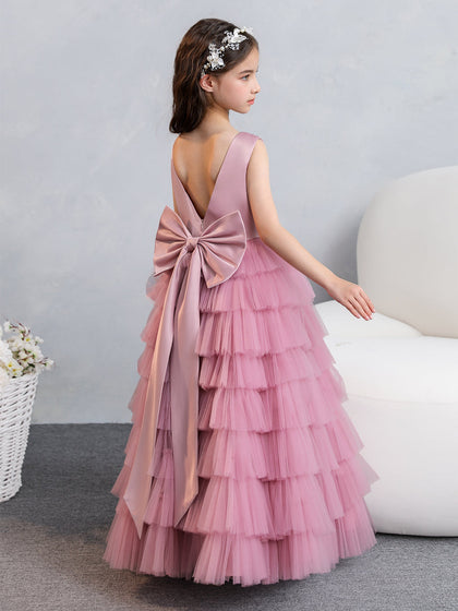 Robes de fille de fleur en satin et tulle à col rond avec plis à plusieurs niveaux et nœud papillon