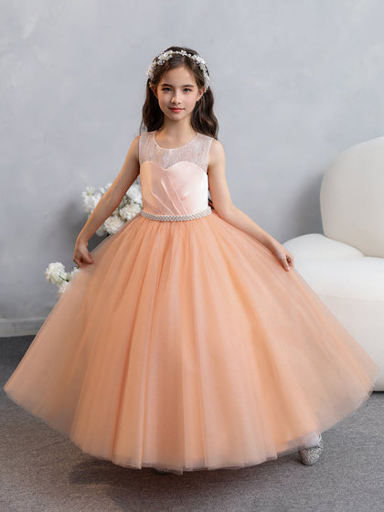 Robes de demoiselle d'honneur en tulle et dentelle à col rond avec perles et nœud papillon
