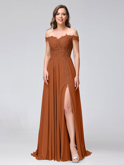 Robe de Demoiselle d'Honneur Longue en Mousseline Ligne-A Épaules Dénudées sans Manches Appliquées