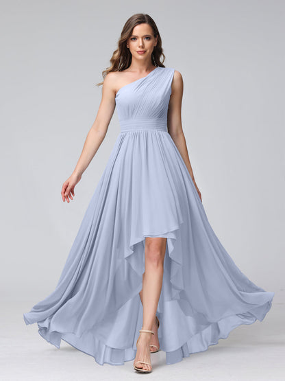 Robes de demoiselle d'honneur trapèze, une épaule, sans manches, en mousseline, hautes et basses, avec poches