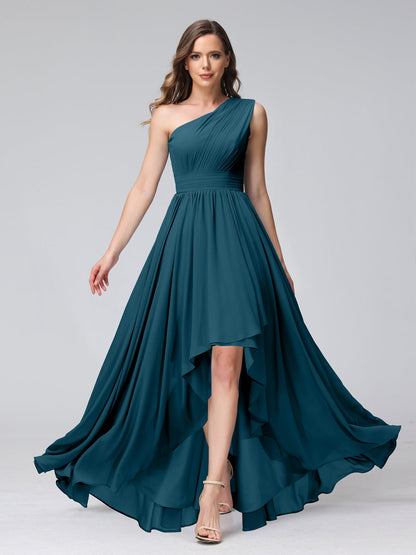 Robes de demoiselle d'honneur trapèze, une épaule, sans manches, en mousseline, hautes et basses, avec poches