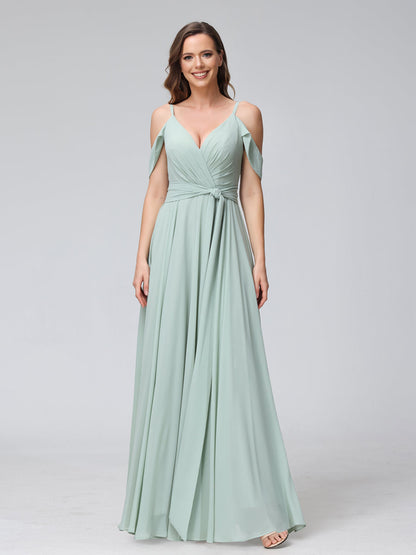 Robes de demoiselle d'honneur trapèze, col en V, manches courtes, en mousseline, avec bretelles spaghetti et côté fendu