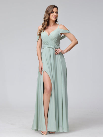 Robes de demoiselle d'honneur trapèze, col en V, manches courtes, en mousseline, avec bretelles spaghetti et côté fendu