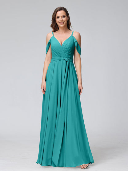 Robes de demoiselle d'honneur trapèze, col en V, manches courtes, en mousseline, avec bretelles spaghetti et côté fendu