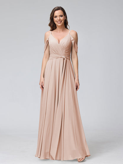 Robes de demoiselle d'honneur trapèze, col en V, manches courtes, en mousseline, avec bretelles spaghetti et côté fendu