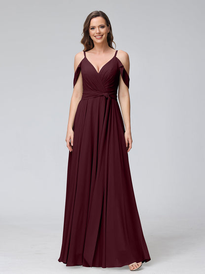 Robes de demoiselle d'honneur trapèze, col en V, manches courtes, en mousseline, avec bretelles spaghetti et côté fendu