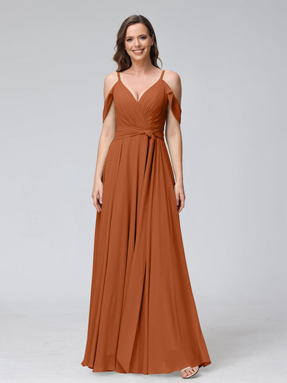 Robes de demoiselle d'honneur trapèze, col en V, manches courtes, en mousseline, avec bretelles spaghetti et côté fendu