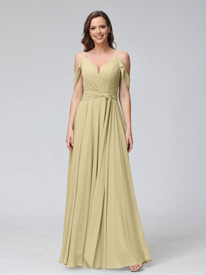 Robes de demoiselle d'honneur trapèze, col en V, manches courtes, en mousseline, avec bretelles spaghetti et côté fendu