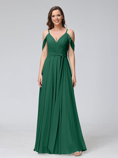 Robes de demoiselle d'honneur trapèze, col en V, manches courtes, en mousseline, avec bretelles spaghetti et côté fendu
