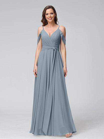 Robes de demoiselle d'honneur trapèze, col en V, manches courtes, en mousseline, avec bretelles spaghetti et côté fendu