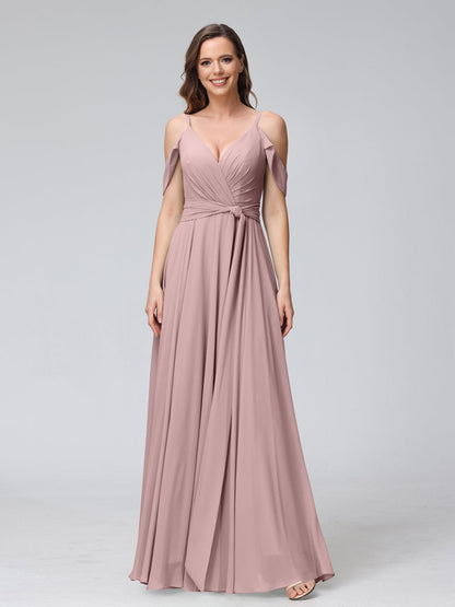 Robes de demoiselle d'honneur trapèze, col en V, manches courtes, en mousseline, avec bretelles spaghetti et côté fendu