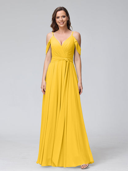 Robes de demoiselle d'honneur trapèze, col en V, manches courtes, en mousseline, avec bretelles spaghetti et côté fendu