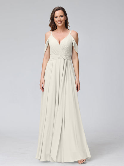 Robes de demoiselle d'honneur trapèze, col en V, manches courtes, en mousseline, avec bretelles spaghetti et côté fendu