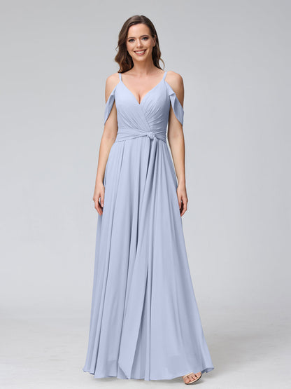 Robes de demoiselle d'honneur trapèze, col en V, manches courtes, en mousseline, avec bretelles spaghetti et côté fendu