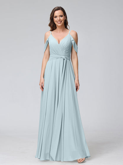 Robes de demoiselle d'honneur trapèze, col en V, manches courtes, en mousseline, avec bretelles spaghetti et côté fendu