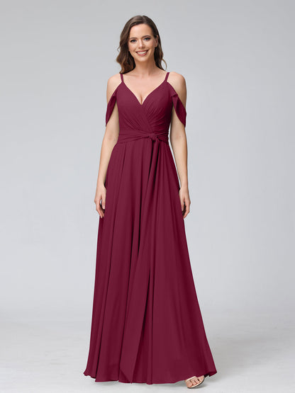 Robes de demoiselle d'honneur trapèze, col en V, manches courtes, en mousseline, avec bretelles spaghetti et côté fendu