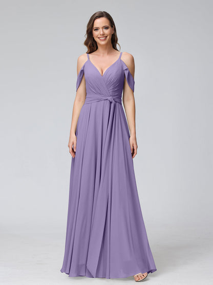 Robes de demoiselle d'honneur trapèze, col en V, manches courtes, en mousseline, avec bretelles spaghetti et côté fendu