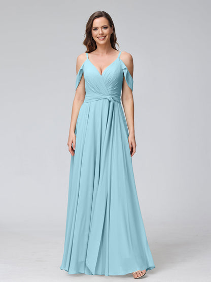 Robes de demoiselle d'honneur trapèze, col en V, manches courtes, en mousseline, avec bretelles spaghetti et côté fendu