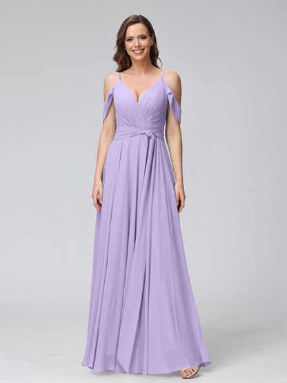 Robes de demoiselle d'honneur trapèze, col en V, manches courtes, en mousseline, avec bretelles spaghetti et côté fendu