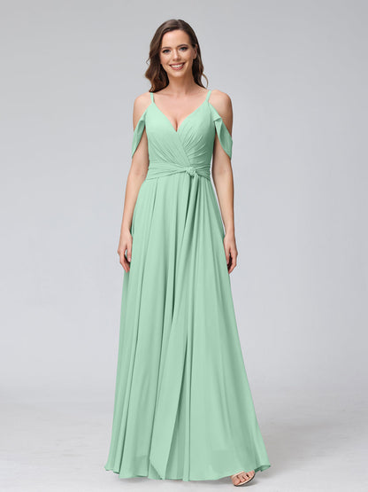 Robes de demoiselle d'honneur trapèze, col en V, manches courtes, en mousseline, avec bretelles spaghetti et côté fendu
