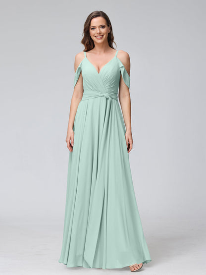 Robes de demoiselle d'honneur trapèze, col en V, manches courtes, en mousseline, avec bretelles spaghetti et côté fendu