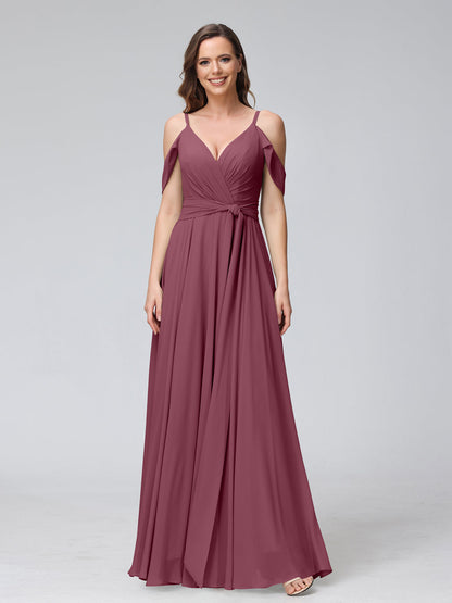 Robes de demoiselle d'honneur trapèze, col en V, manches courtes, en mousseline, avec bretelles spaghetti et côté fendu