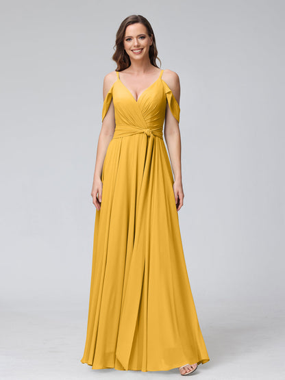 Robes de demoiselle d'honneur trapèze, col en V, manches courtes, en mousseline, avec bretelles spaghetti et côté fendu