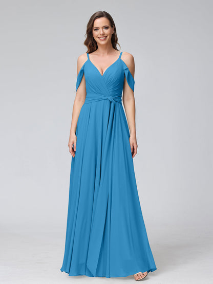 Robes de demoiselle d'honneur trapèze, col en V, manches courtes, en mousseline, avec bretelles spaghetti et côté fendu
