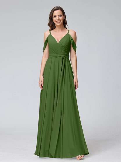 Robes de demoiselle d'honneur trapèze, col en V, manches courtes, en mousseline, avec bretelles spaghetti et côté fendu