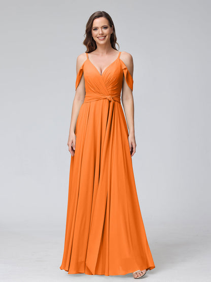 Robes de demoiselle d'honneur trapèze, col en V, manches courtes, en mousseline, avec bretelles spaghetti et côté fendu