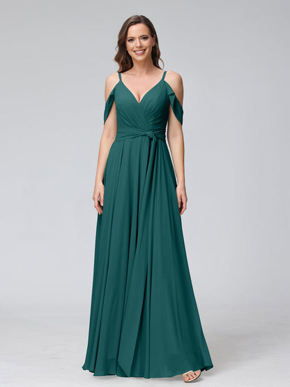 Robes de demoiselle d'honneur trapèze, col en V, manches courtes, en mousseline, avec bretelles spaghetti et côté fendu