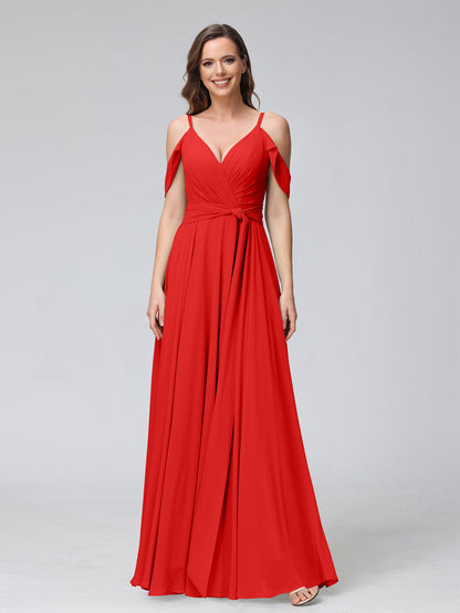 Robes de demoiselle d'honneur trapèze, col en V, manches courtes, en mousseline, avec bretelles spaghetti et côté fendu