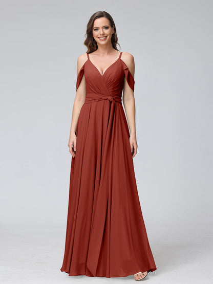 Robes de demoiselle d'honneur trapèze, col en V, manches courtes, en mousseline, avec bretelles spaghetti et côté fendu