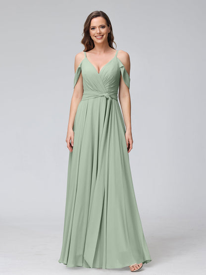 Robes de demoiselle d'honneur trapèze, col en V, manches courtes, en mousseline, avec bretelles spaghetti et côté fendu